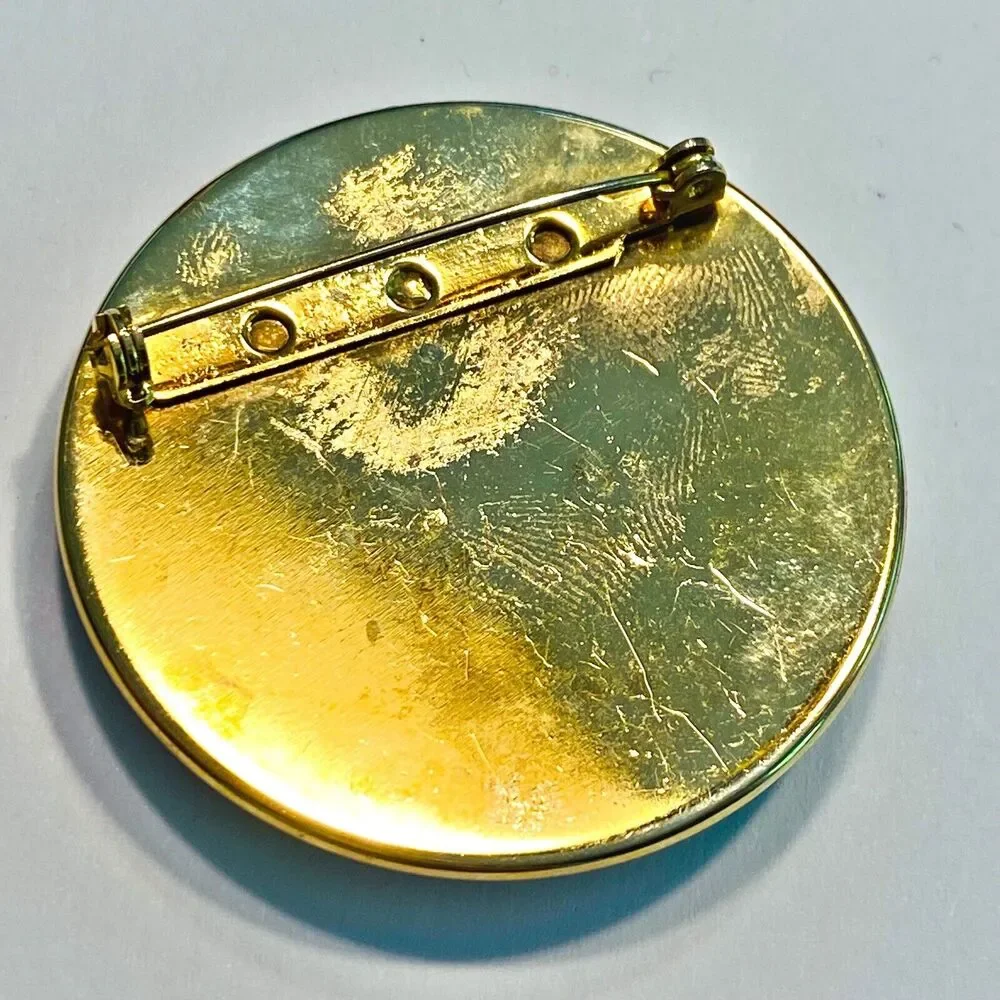Vintage 1980's Brooch Round Goldtone Multicolor Enamel Finish Classic Boss Lady